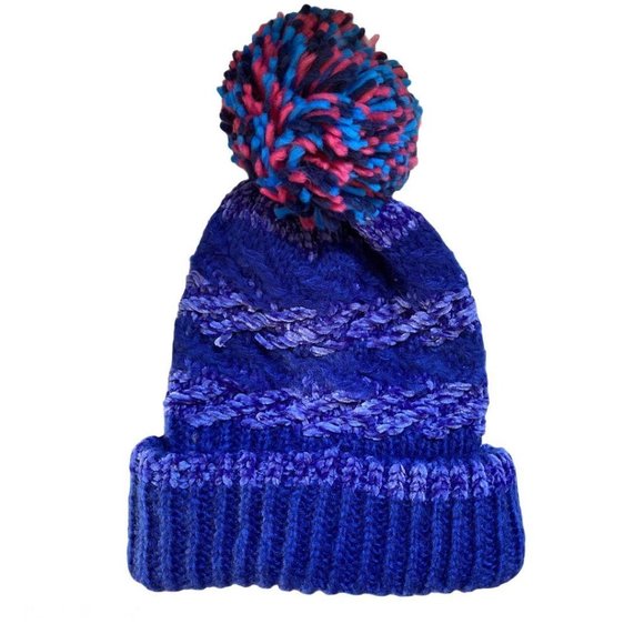 Women’s Chenille Striped Multi Pom Beanie Cobalt - Picture 3 of 5